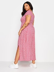 Yours Curve Pink Ditsy Floral Print Shirred Bardot Maxi Dress - Image 3 of 5