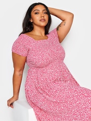 Yours Curve Pink Ditsy Floral Print Shirred Bardot Maxi Dress - Image 4 of 5