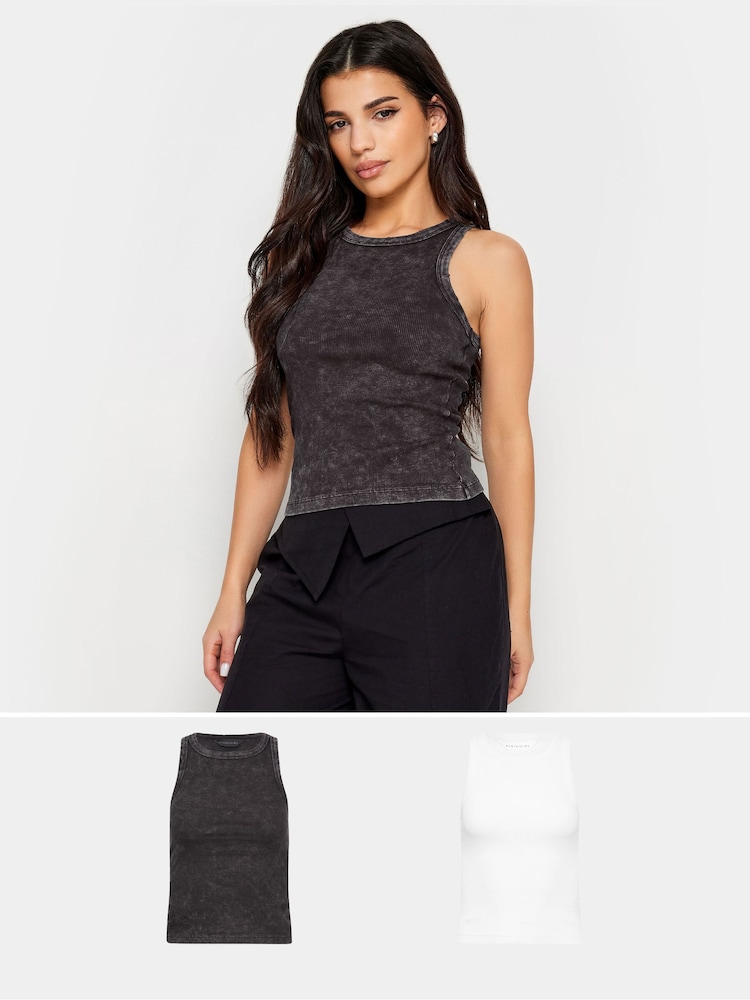 PixieGirl Petite Black/White Acid Wash And Black Plain Vest Tops 2 Pack - Image 1 of 8