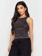 PixieGirl Petite Black/White Acid Wash And Black Plain Vest Tops 2 Pack - Image 3 of 8
