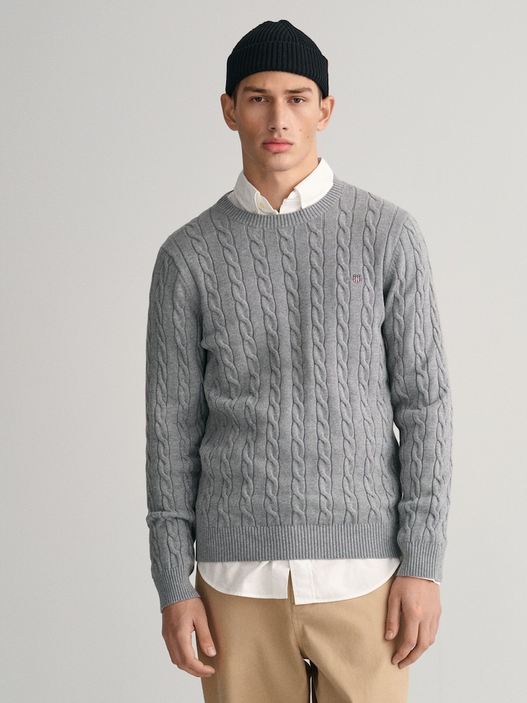 GANT Grey Melange 100% Cotton Cable Crew Neck Jumper - Image 1 of 5