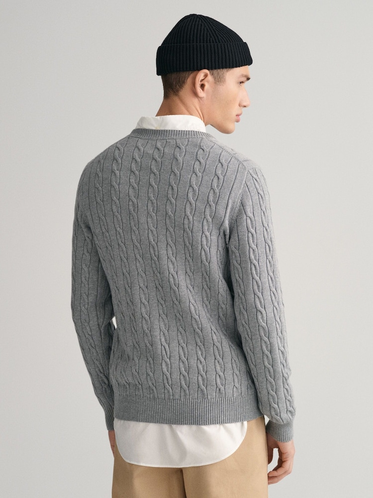 GANT Grey Melange 100% Cotton Cable Crew Neck Jumper - Image 2 of 5