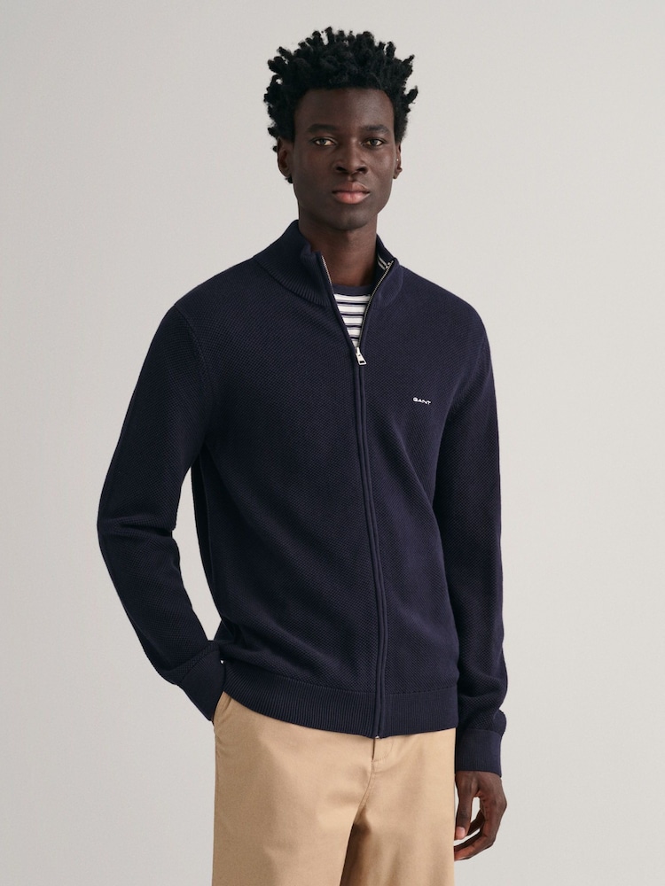 modra - GANT 100% Cotton Pique Zip pletena jopa - Slika 1 iz 4