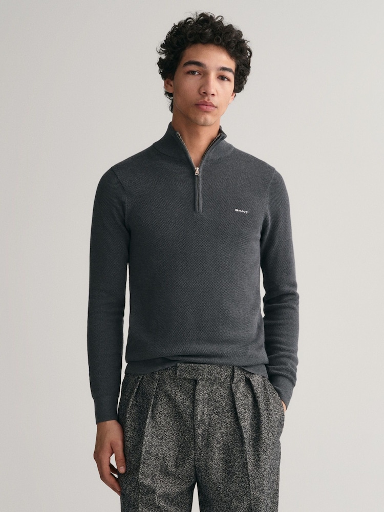 GANT Antracite Grey Melange 100% Cotton Pique Quarter Zip Jumper - Image 1 of 5