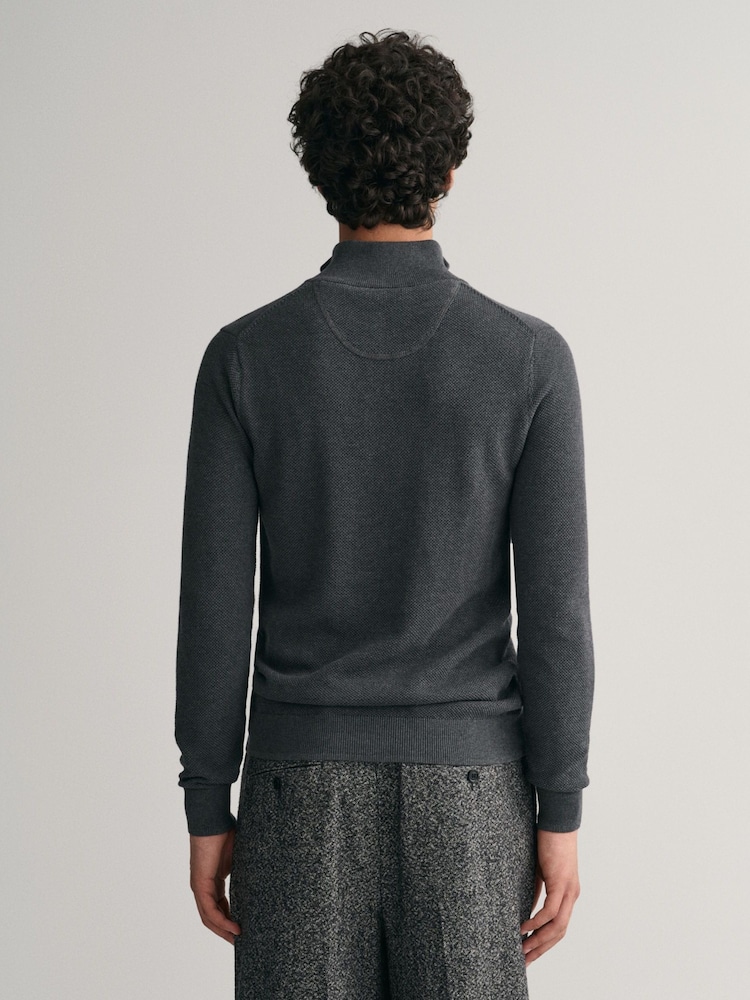 GANT Antracite Grey Melange 100% Cotton Pique Quarter Zip Jumper - Image 2 of 5
