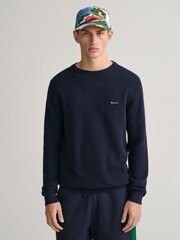 GANT Evening Blue 100% Cotton Pique Crew Neck Jumper - Image 1 of 5