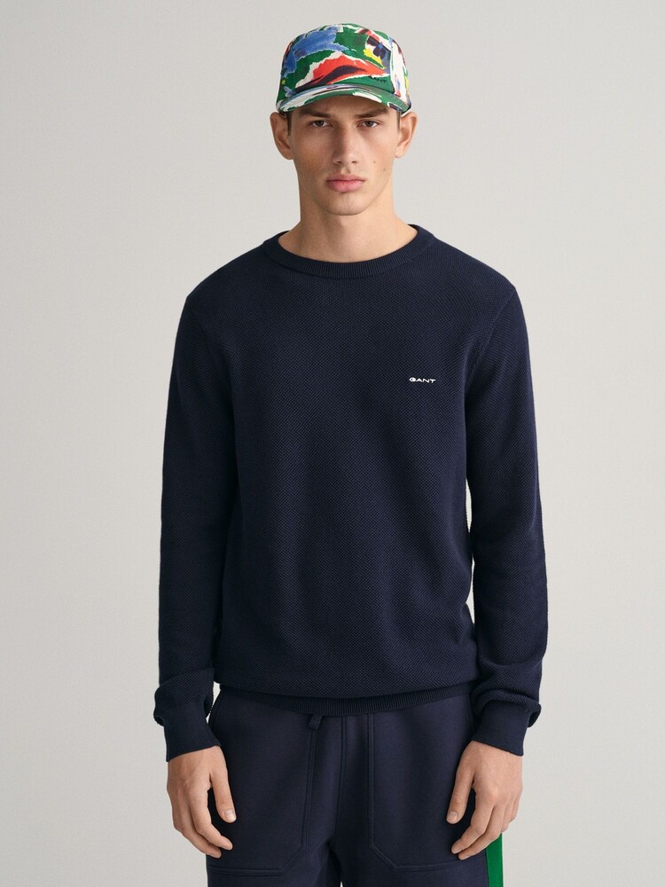 GANT Evening Blue 100% Cotton Pique Crew Neck Jumper - Image 1 of 5