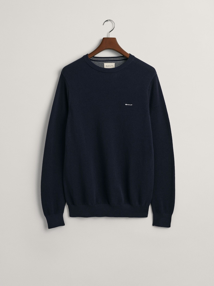 GANT Evening Blue 100% Cotton Pique Crew Neck Jumper - Image 5 of 5