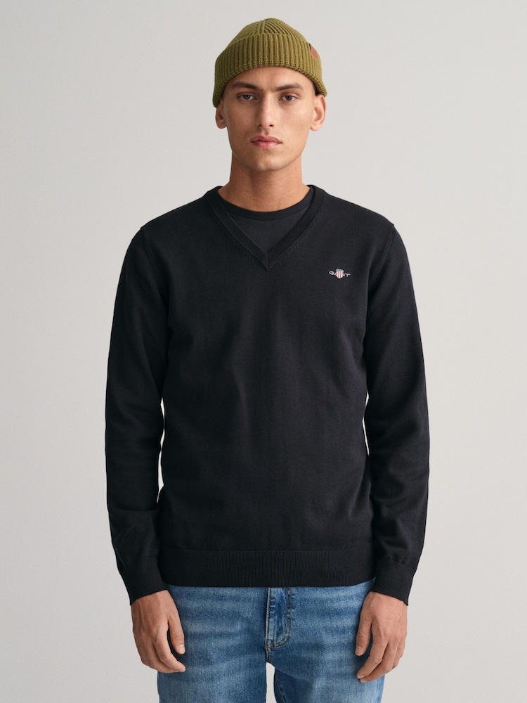 GANT Black Classic 100% Cotton V-Neck Jumper - Image 1 of 5