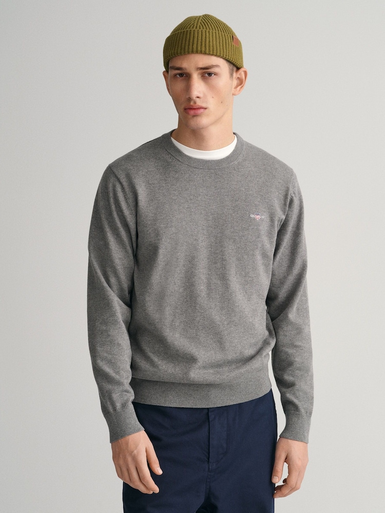GANT Dark Grey Melange Classic 100% Cotton Crew Neck Jumper - Image 1 of 5