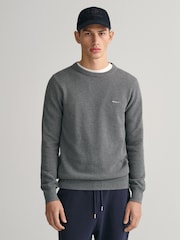 GANT Dark Grey Melange 100% Cotton Pique Crew Neck Jumper - Image 1 of 5