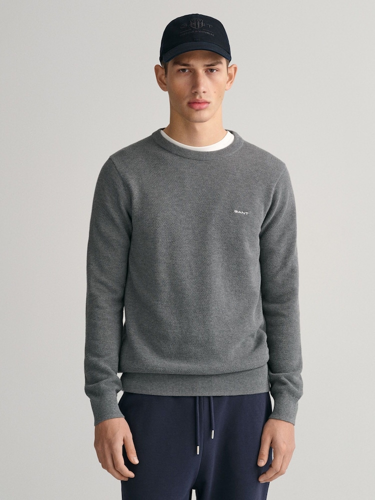 GANT Dark Grey Melange 100% Cotton Pique Crew Neck Jumper - Image 1 of 5