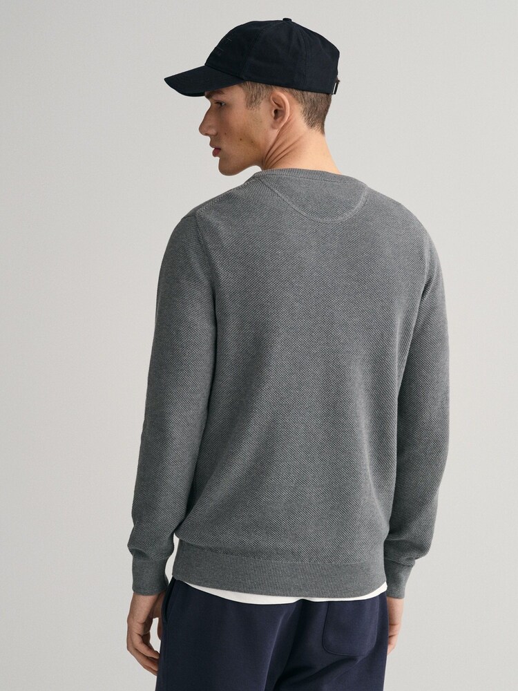 GANT Dark Grey Melange 100% Cotton Pique Crew Neck Jumper - Image 2 of 5