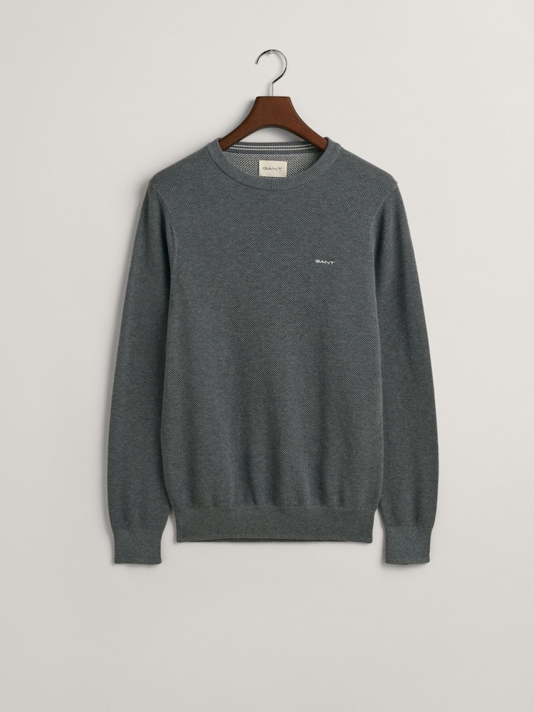 GANT Dark Grey Melange 100% Cotton Pique Crew Neck Jumper - Image 5 of 5