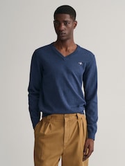 GANT Dark Jeans Blue Melange Classic 100% Cotton V-Neck Jumper - Image 1 of 5