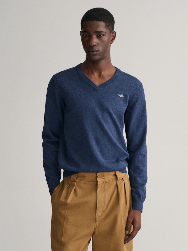 GANT Dark Jeans Blue Melange Classic 100% Cotton V-Neck Jumper - Image 1 of 5