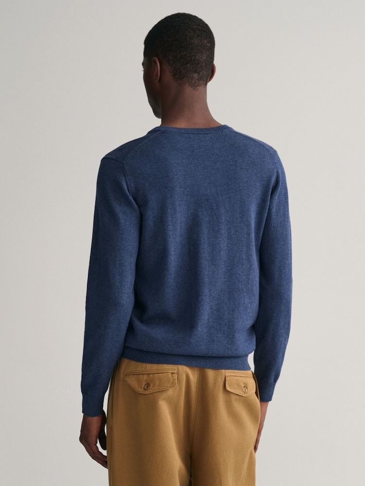 GANT Dark Jeans Blue Melange Classic 100% Cotton V-Neck Jumper - Image 2 of 5