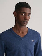 GANT Dark Jeans Blue Melange Classic 100% Cotton V-Neck Jumper - Image 4 of 5