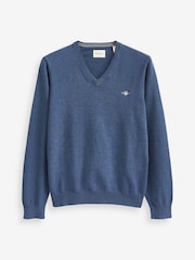 GANT Dark Jeans Blue Melange Classic 100% Cotton V-Neck Jumper - Image 5 of 5