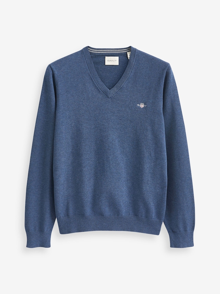 GANT Dark Jeans Blue Melange Classic 100% Cotton V-Neck Jumper - Image 5 of 5