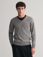 GANT Dark Grey Melange Classic 100% Cotton V-Neck Jumper - Image 1 of 5