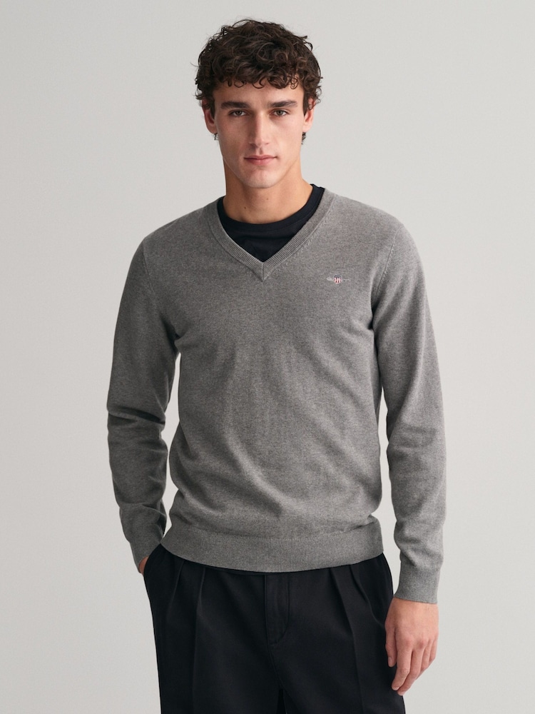 GANT Dark Grey Melange Classic 100% Cotton V-Neck Jumper - Image 1 of 5