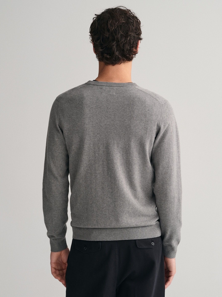 GANT Dark Grey Melange Classic 100% Cotton V-Neck Jumper - Image 2 of 5