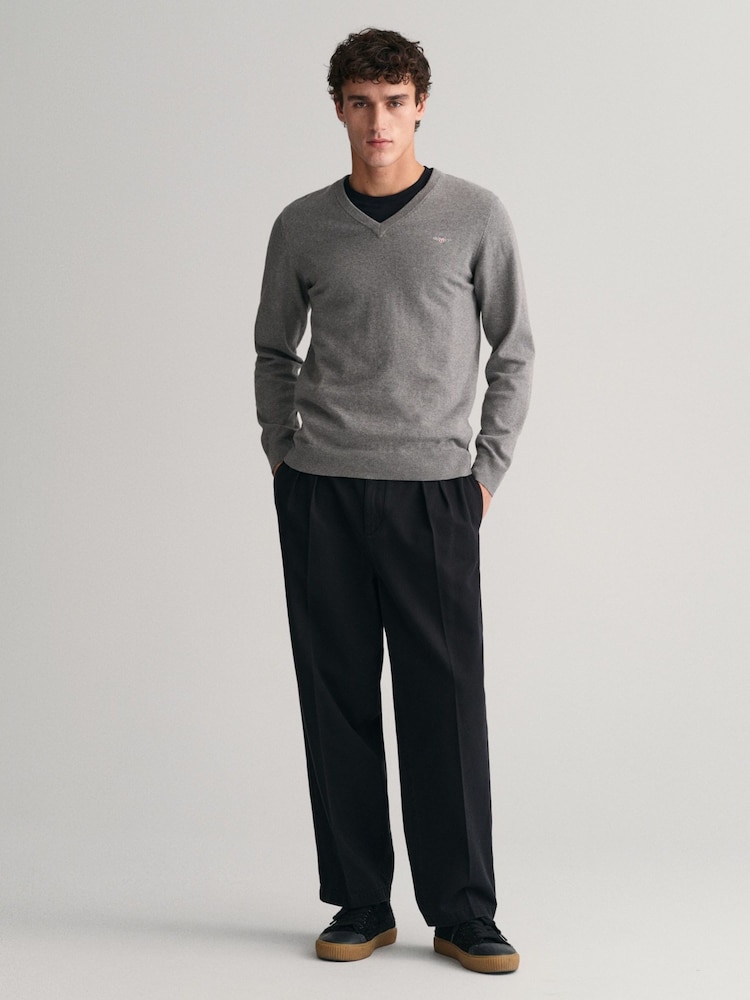 GANT Dark Grey Melange Classic 100% Cotton V-Neck Jumper - Image 3 of 5