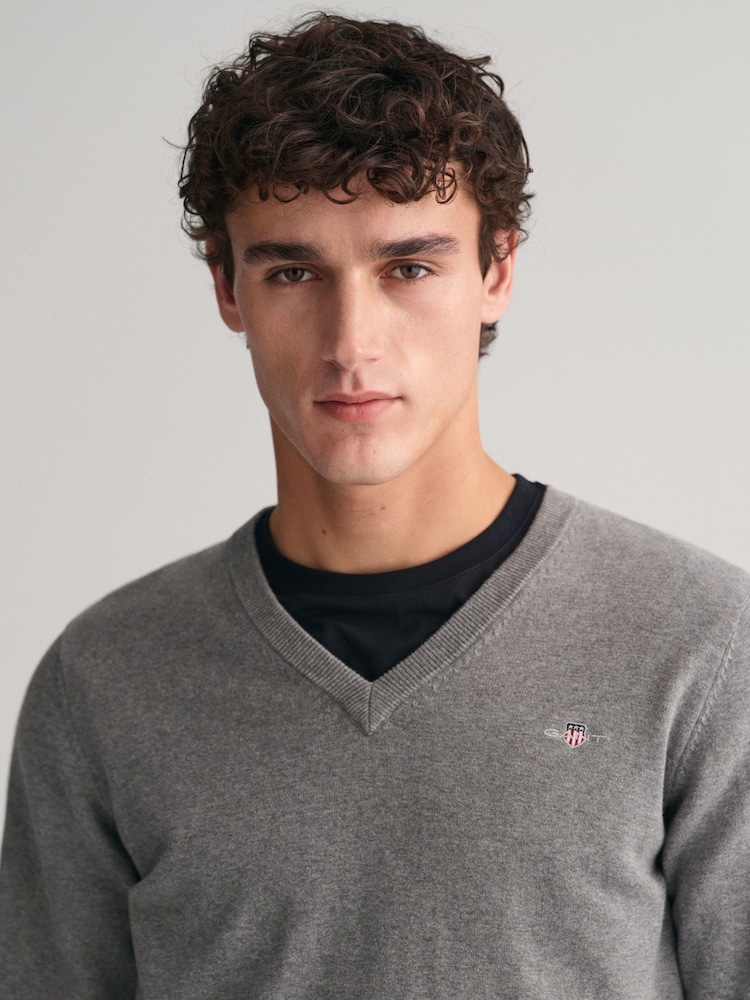 GANT Dark Grey Melange Classic 100% Cotton V-Neck Jumper - Image 4 of 5