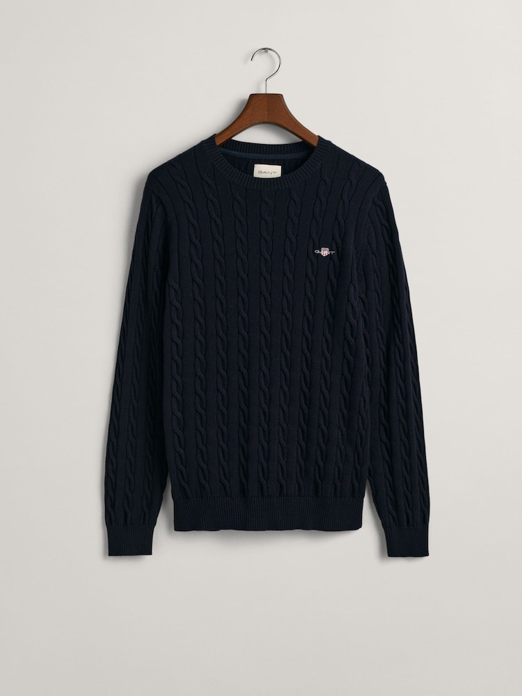 GANT Evening Blue 100% Cotton Cable Crew Neck Jumper - Image 7 of 8