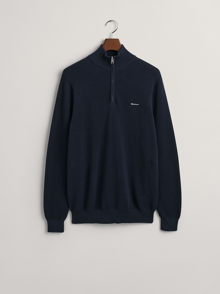 GANT Evening Blue 100% Cotton Pique Quarter Zip Jumper - Image 4 of 5