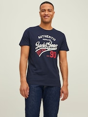 JACK & JONES Blue 3 Pack Short Sleeve Printed T-Shirts - Image 6 of 9
