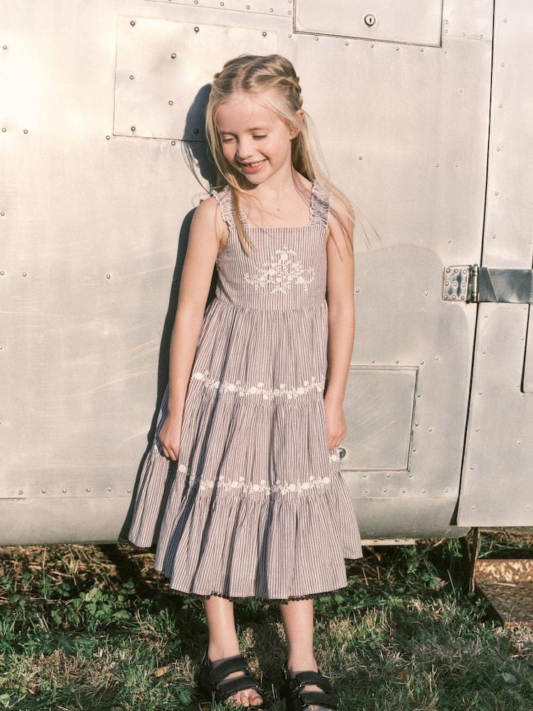 Charcoal Grey Stripe Embroidered Maxi Dress (3-16yrs) - Image 1 of 7