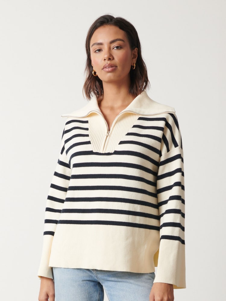 Pretty Lavish Cream Stripe Jayden Funnel Neck Zip Jumper - Image 1 of 3 Pretty Lavish Cream Stripe Jayden Funnel Neck Zip Jumper - Image 1 of 3