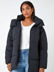 Roman Black Oversized Padded Coat with Hood - Image 1 of 5