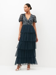 Maya Navy Blue Delicate Sequin Tiered Maxi Dress - Image 1 of 4