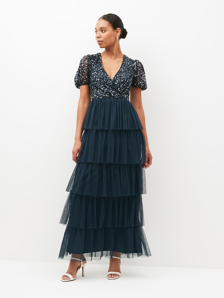Maya Navy Blue Delicate Sequin Tiered Maxi Dress - Image 1 of 4