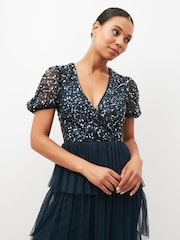 Maya Navy Blue Delicate Sequin Tiered Maxi Dress - Image 3 of 4