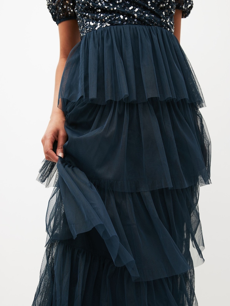 Maya Navy Blue Delicate Sequin Tiered Maxi Dress - Image 4 of 4
