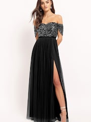 Maya Black Bardot Delicate Sequin Tulle Maxi Dress with Split - Image 1 of 4