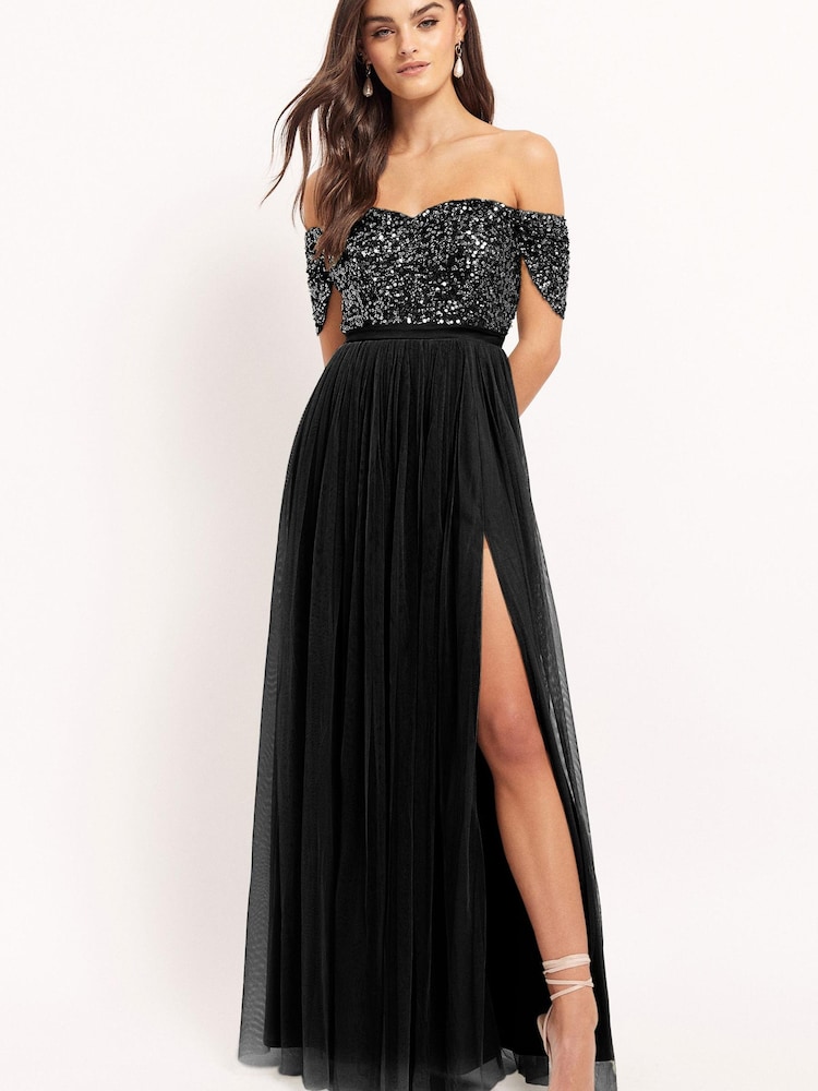 Maya Black Bardot Delicate Sequin Tulle Maxi Dress with Split - Image 1 of 4
