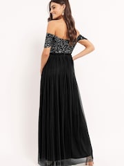 Maya Black Bardot Delicate Sequin Tulle Maxi Dress with Split - Image 2 of 4
