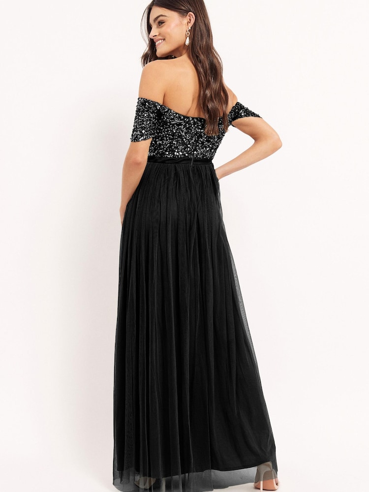 Maya Black Bardot Delicate Sequin Tulle Maxi Dress with Split - Image 2 of 4