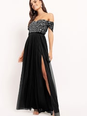 Maya Black Bardot Delicate Sequin Tulle Maxi Dress with Split - Image 3 of 4