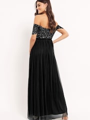 Maya Black Petite Bardot Delicate Sequin Tulle Maxi Dress with Split - Image 2 of 5