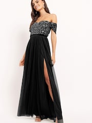 Maya Black Petite Bardot Delicate Sequin Tulle Maxi Dress with Split - Image 3 of 5