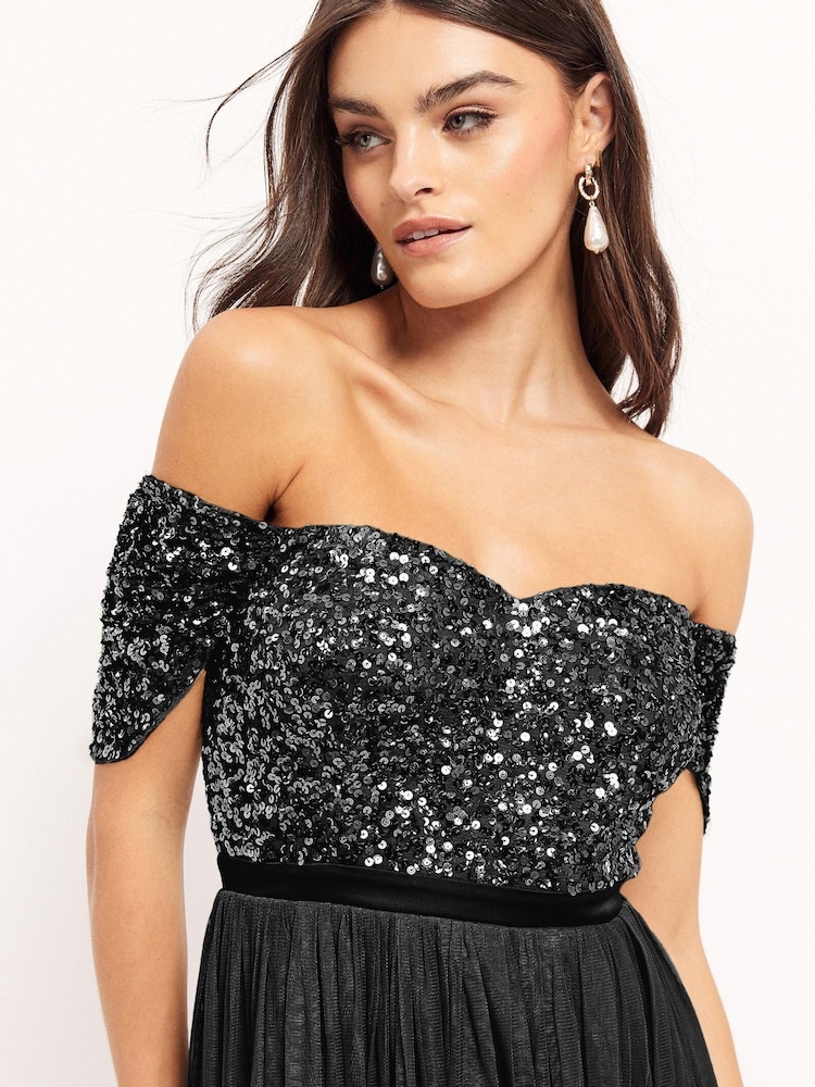 Maya Black Petite Bardot Delicate Sequin Tulle Maxi Dress with Split - Image 4 of 5