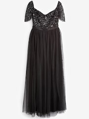 Maya Black Petite Bardot Delicate Sequin Tulle Maxi Dress with Split - Image 5 of 5