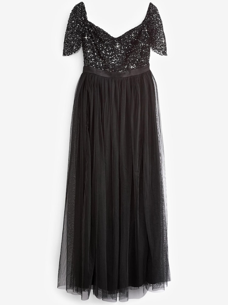Maya Black Petite Bardot Delicate Sequin Tulle Maxi Dress with Split - Image 5 of 5