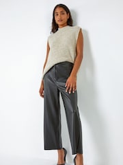 Roman Black Faux Leather Wide Leg Crop Trousers - Image 1 of 5